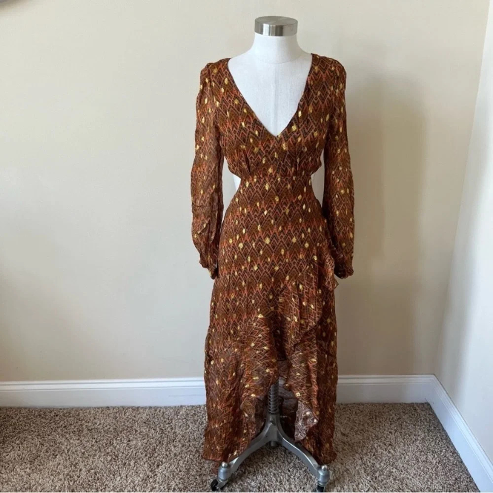 New! Ollari x free people Elana metallic chiffon lace up dress 33261 - Picture 4 of 15